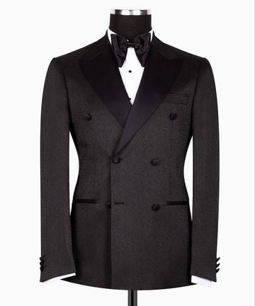 Black Textured Jacquard Double Breasted Tuxedo | Charly Luxury
