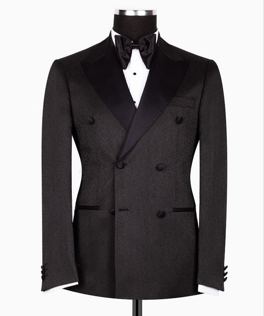 Black Textured Jacquard Double Breasted Tuxedo | Charly Luxury