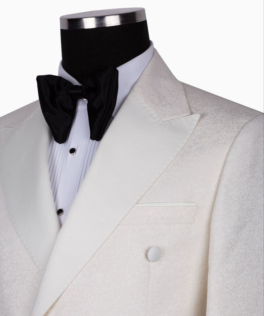 Cream Jacquard Double Breasted Peak Lapel Tuxedo | Charly Luxury