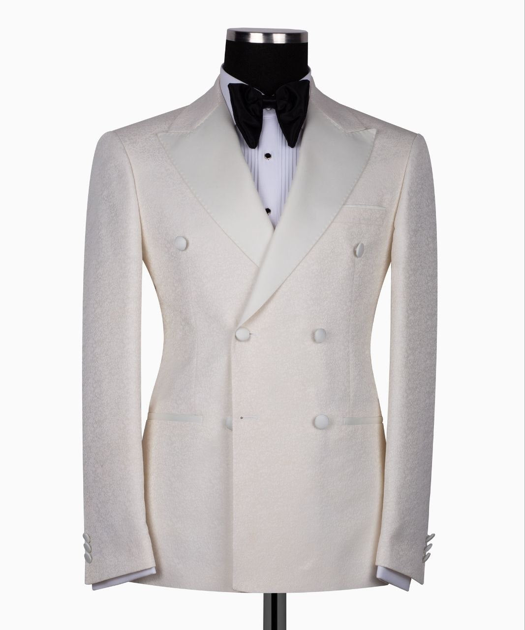 Cream Jacquard Double Breasted Peak Lapel Tuxedo | Charly Luxury