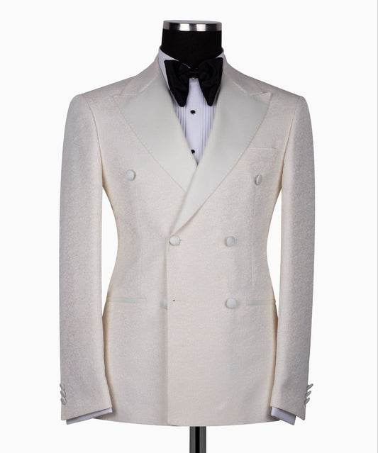 Cream Jacquard Double Breasted Peak Lapel Tuxedo | Charly Luxury