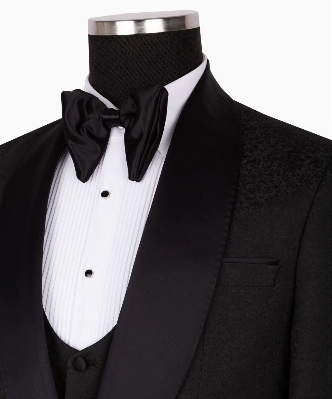 Black Jacquard Slim Fit Three-Piece Tuxedo | Charly Luxury