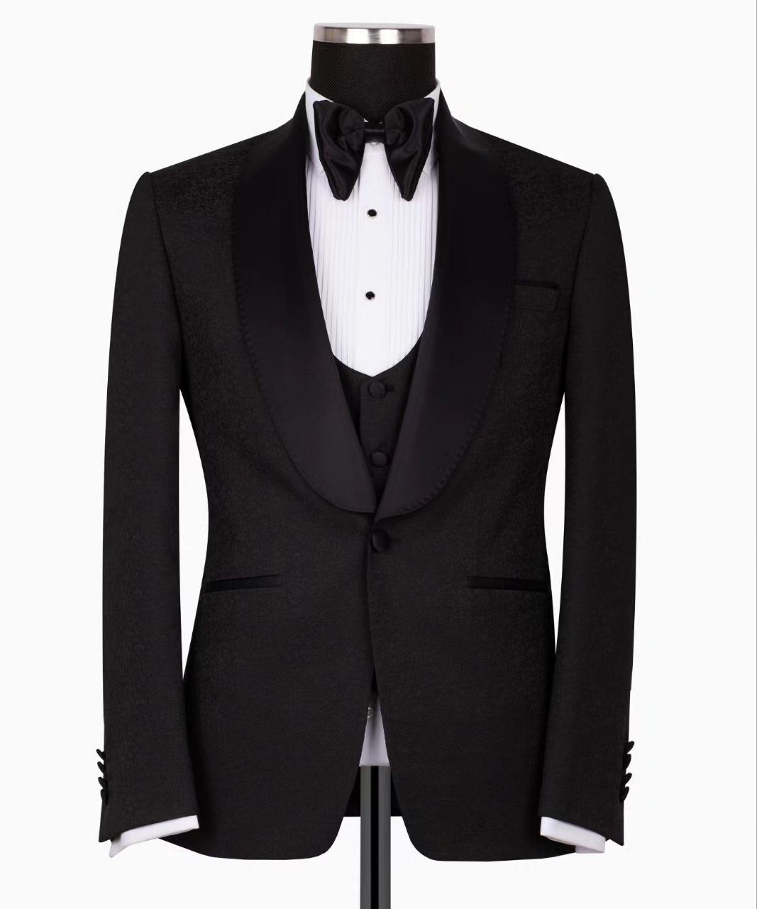 Black Jacquard Slim Fit Three-Piece Tuxedo | Charly Luxury