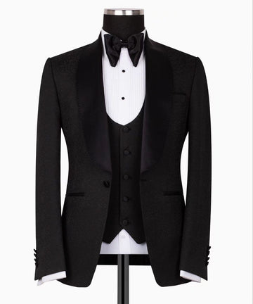 Black Jacquard Slim Fit Three-Piece Tuxedo | Charly Luxury