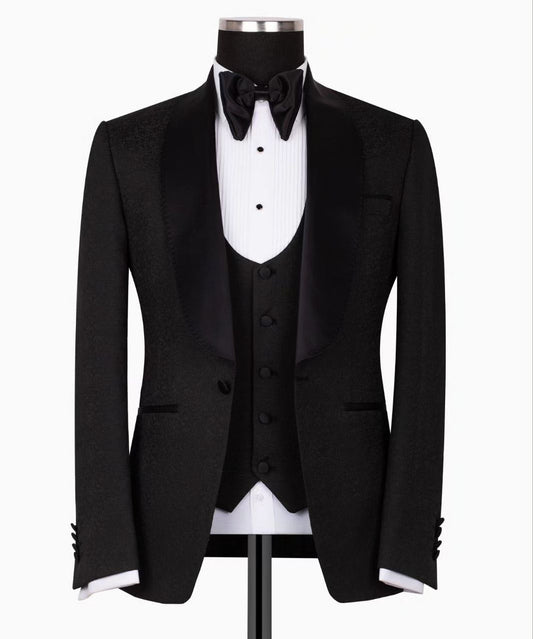 Black Jacquard Slim Fit Three-Piece Tuxedo | Charly Luxury