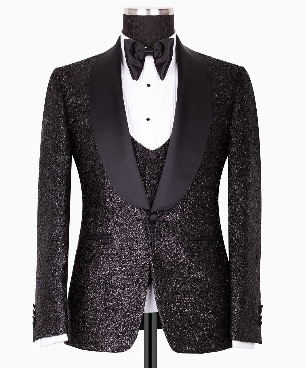 Black Embellished Shawl Lapel Three Piece Tuxedo | Charly Luxury