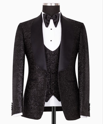 Black Embellished Shawl Lapel Three Piece Tuxedo | Charly Luxury