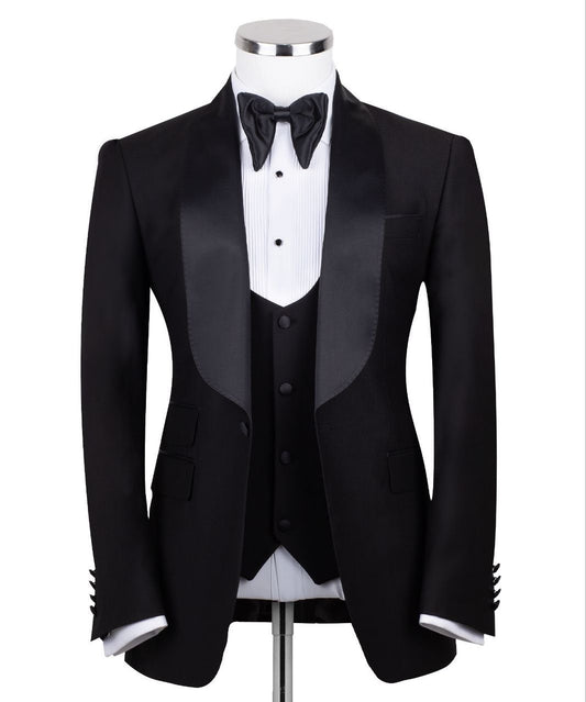 Black Wool Blend Shawl Lapel Three-Piece Tuxedo | Charly Luxury
