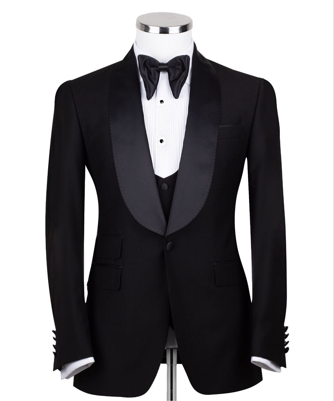 Black Wool Blend Shawl Lapel Three-Piece Tuxedo | Charly Luxury