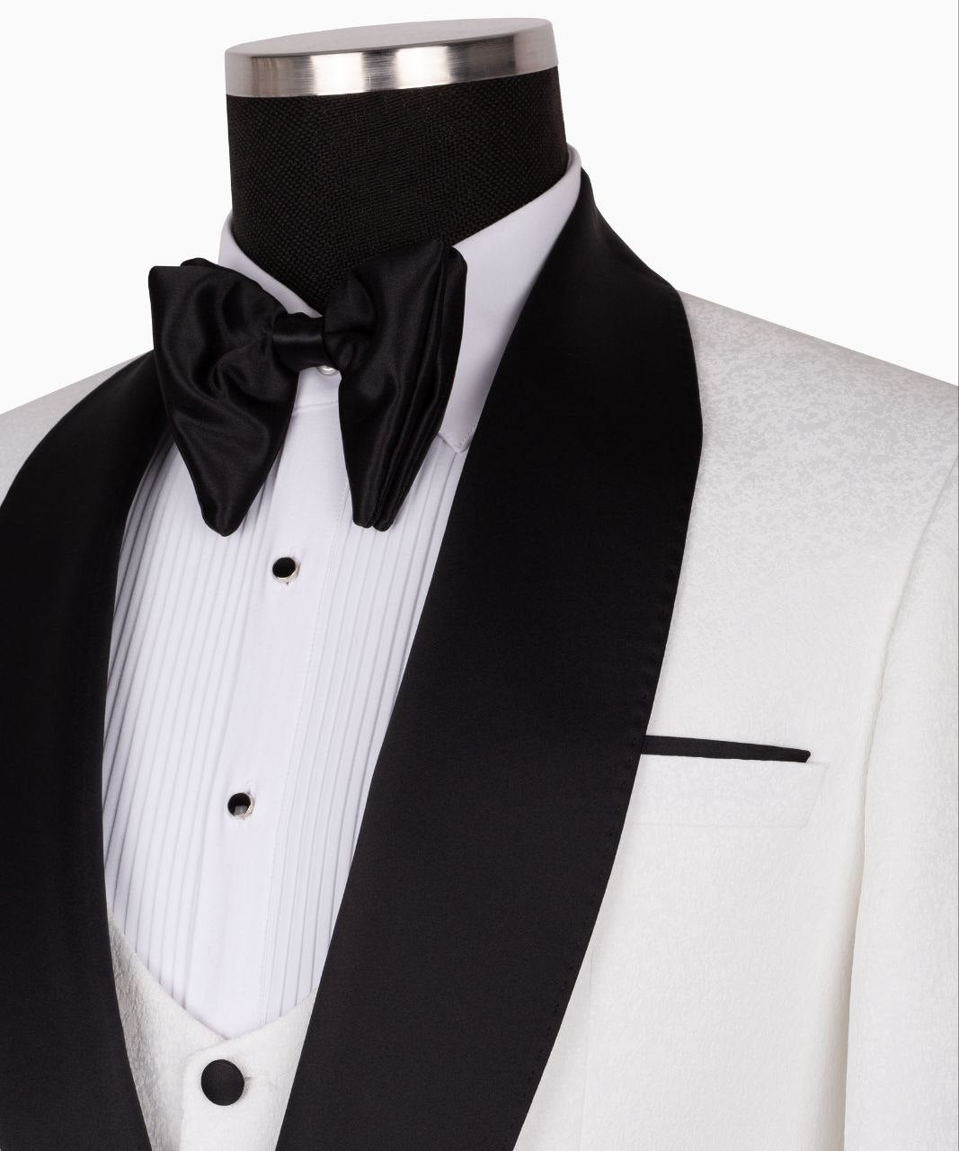 White Jacquard & Satin Three-Piece Tuxedo | Charly Luxury