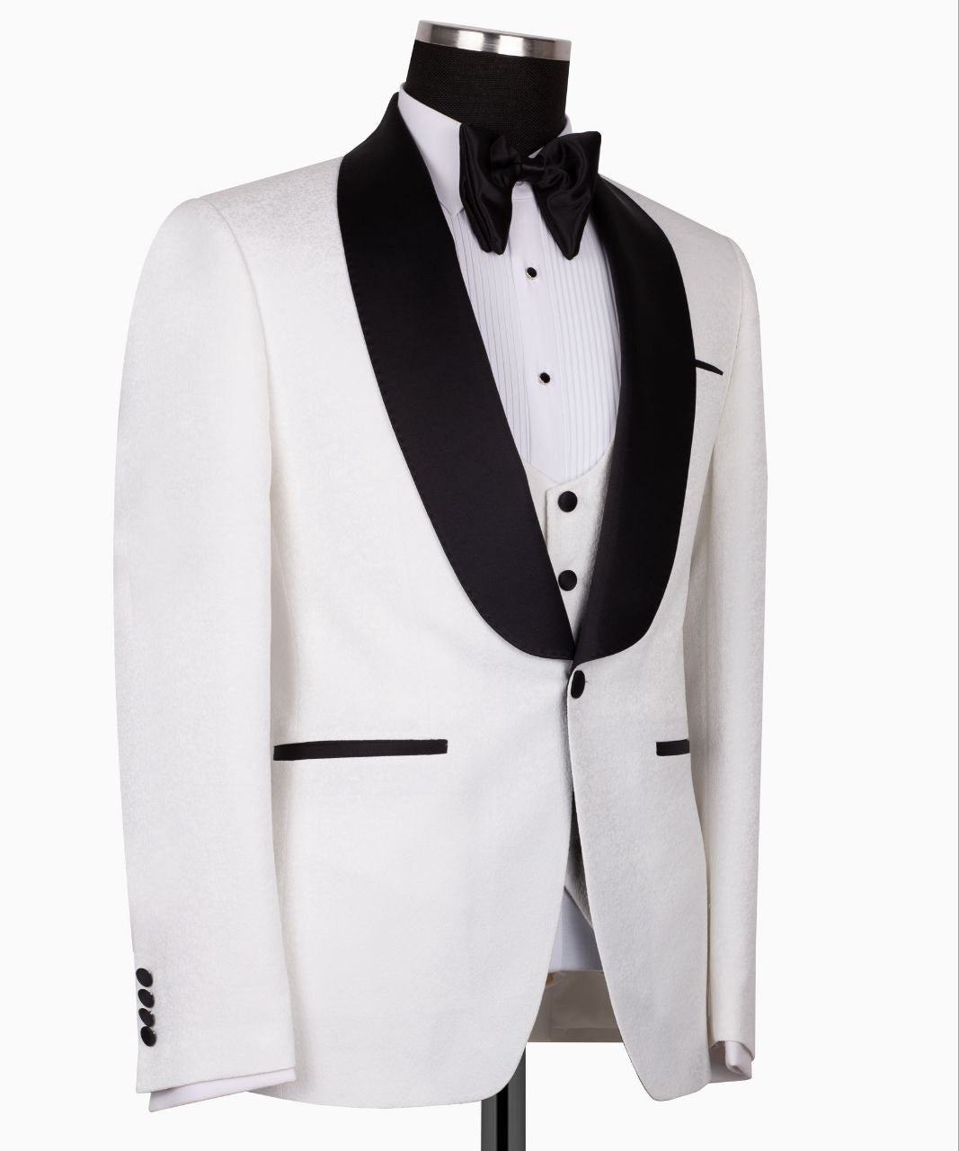 White Jacquard & Satin Three-Piece Tuxedo | Charly Luxury