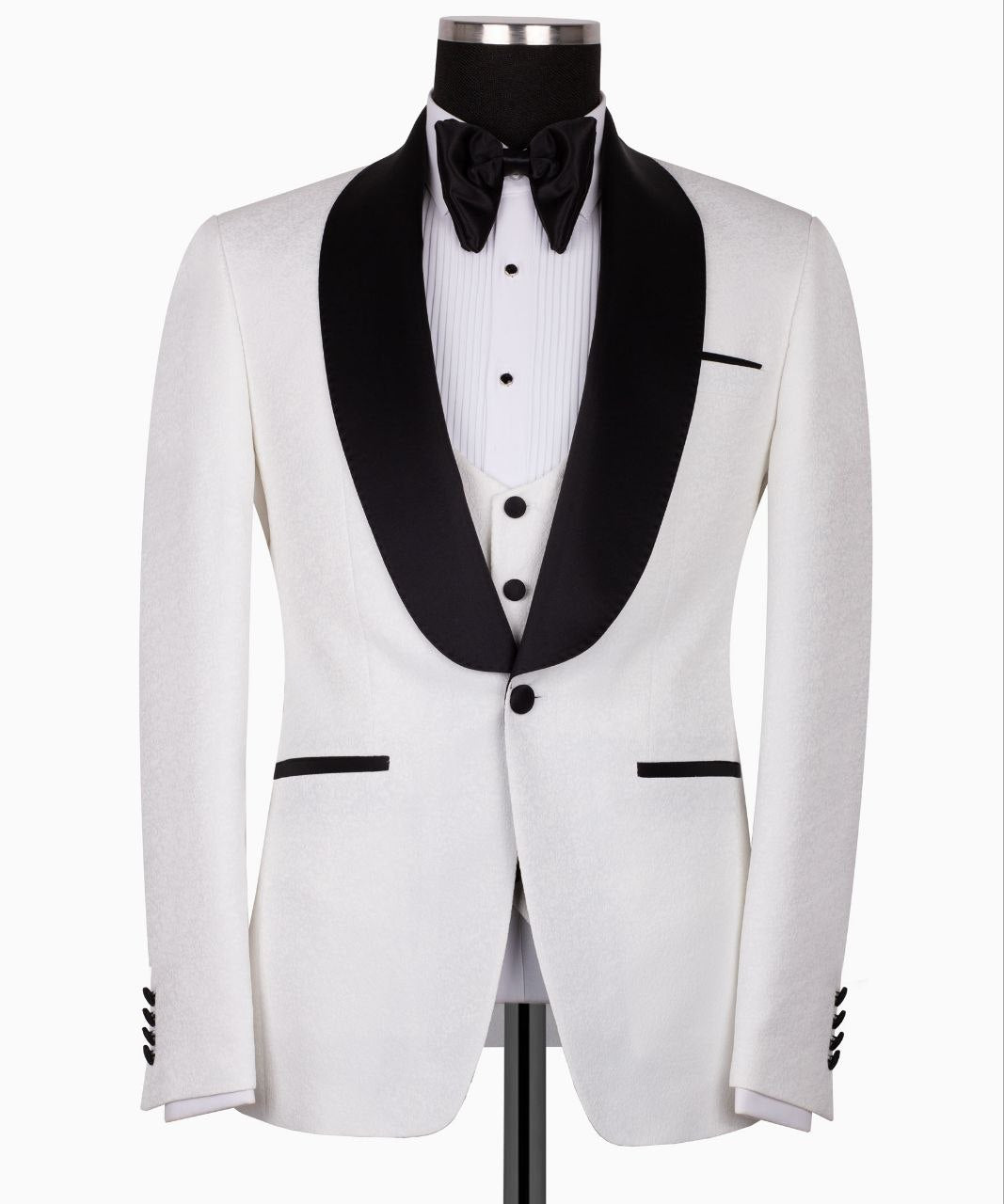 White Jacquard & Satin Three-Piece Tuxedo | Charly Luxury