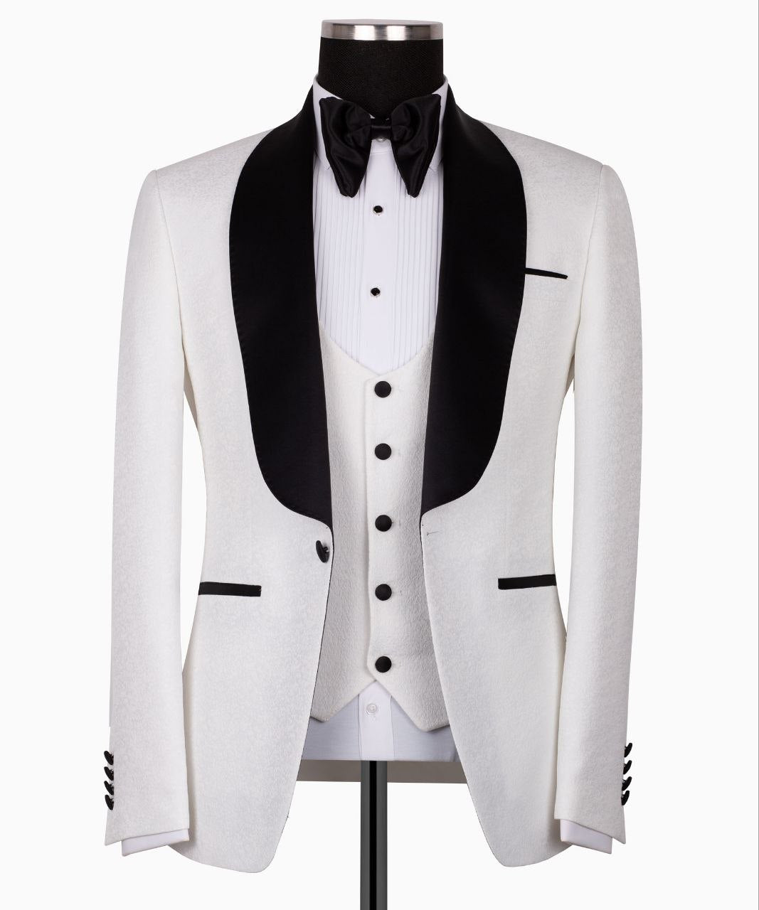 White Jacquard & Satin Three-Piece Tuxedo | Charly Luxury