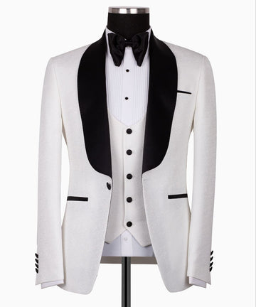 White Jacquard & Satin Three-Piece Tuxedo | Charly Luxury