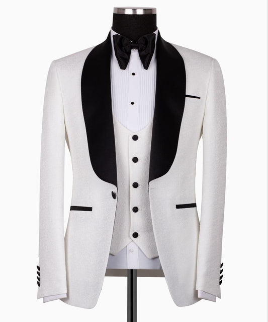 White Jacquard & Satin Three-Piece Tuxedo | Charly Luxury