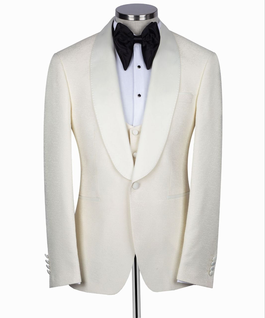 Cream Jacquard Wool Blend One-Button Shawl Lapel Three-Piece Tuxedo | Charly Luxury