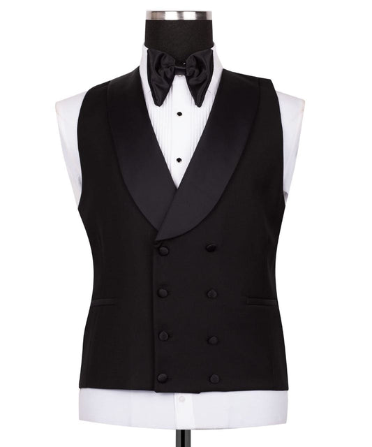 Black Wool Satin Peak Lapel Three-Piece Tuxedo | Charly Luxury