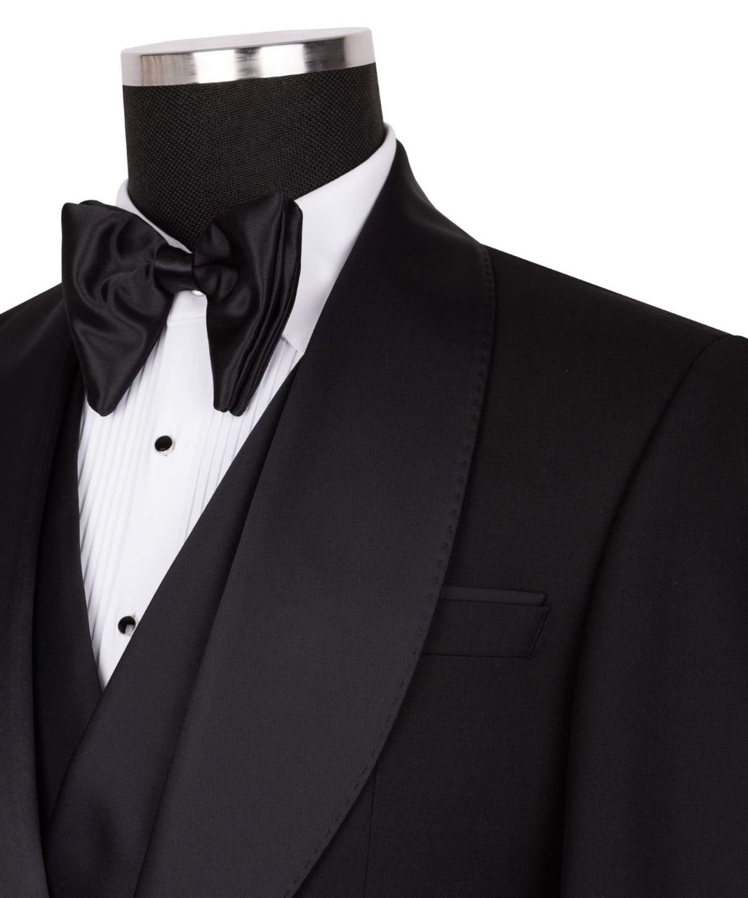 Black Wool Satin Peak Lapel Three-Piece Tuxedo | Charly Luxury