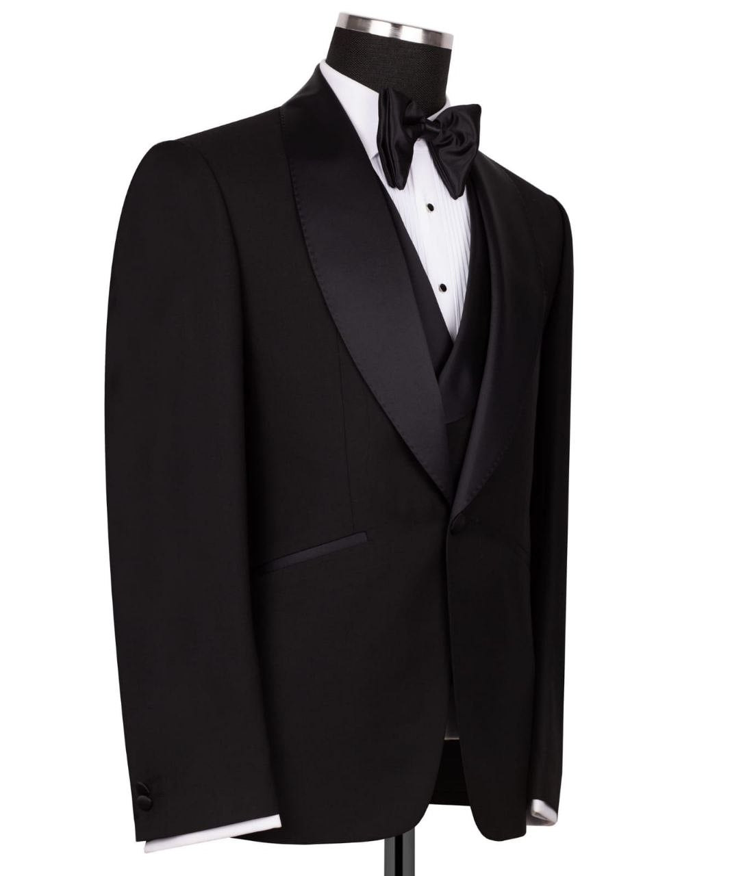 Black Wool Satin Peak Lapel Three-Piece Tuxedo | Charly Luxury