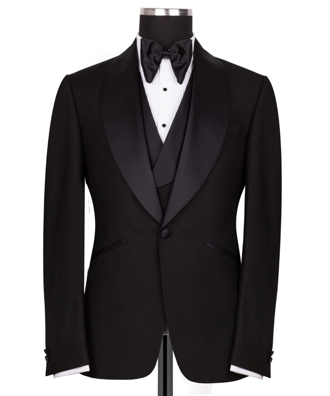 Black Wool Satin Peak Lapel Three-Piece Tuxedo | Charly Luxury