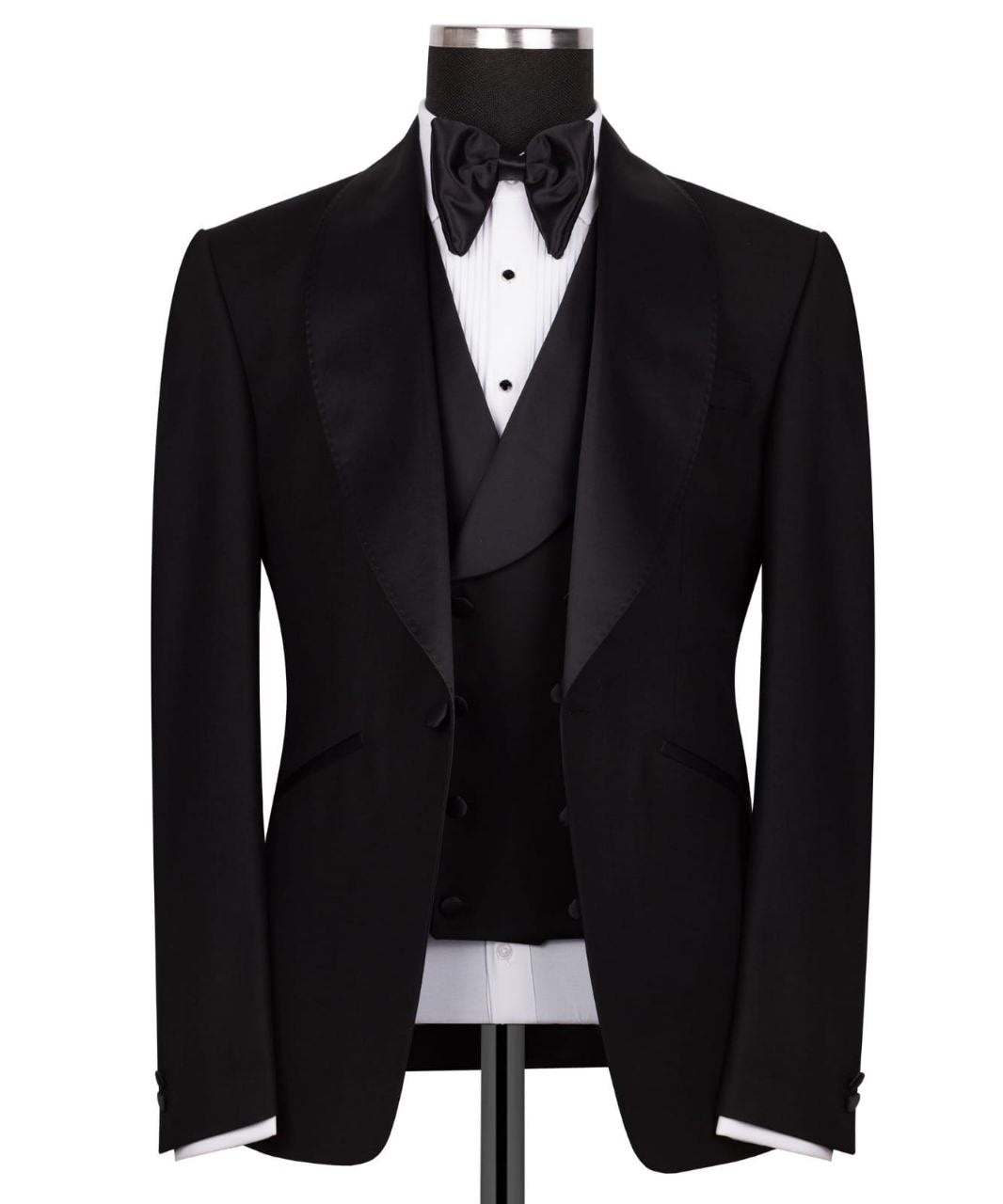 Black Wool Satin Peak Lapel Three-Piece Tuxedo | Charly Luxury
