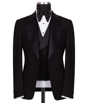 Black Wool Satin Peak Lapel Three-Piece Tuxedo | Charly Luxury