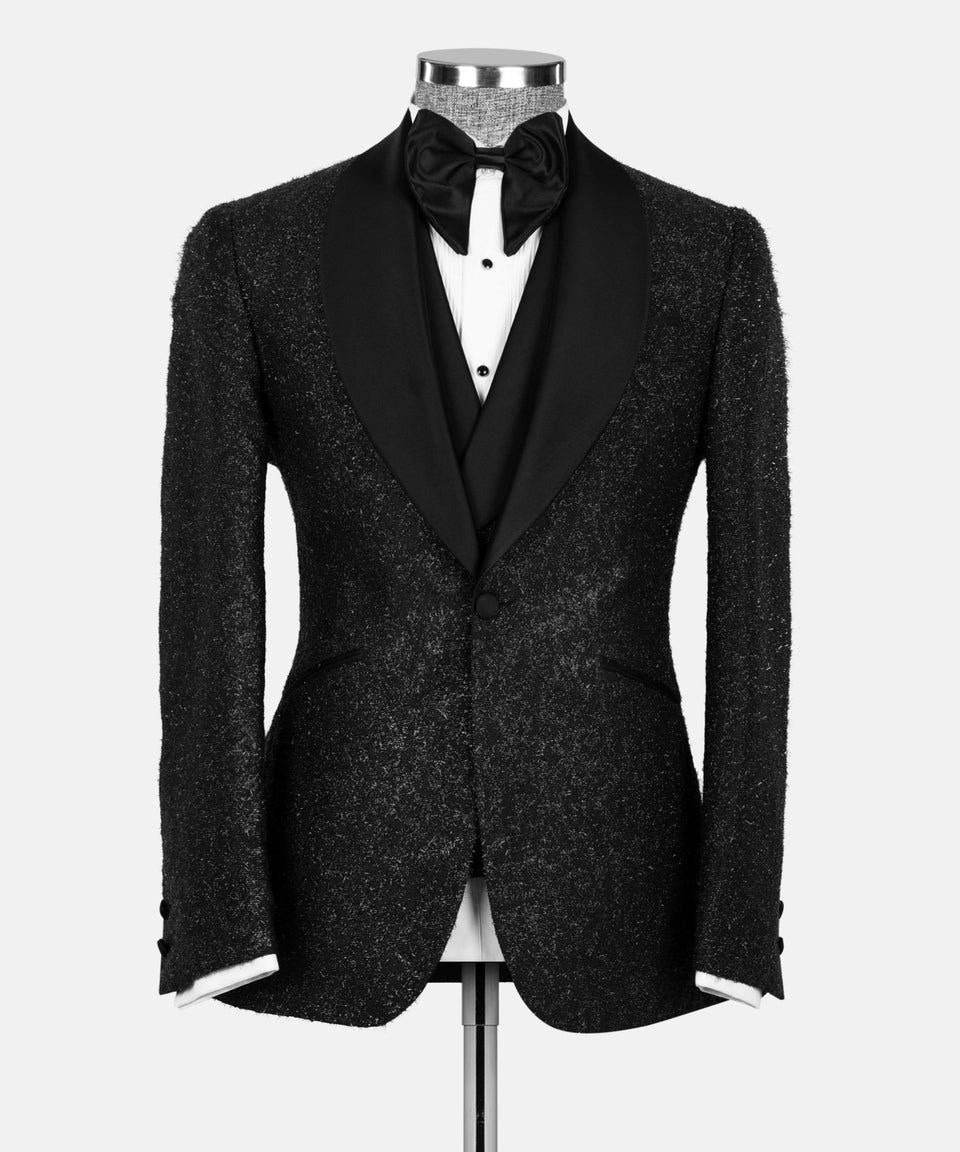 Black Textured Shawl Lapel Three-Piece Tuxedo | Charly Luxury