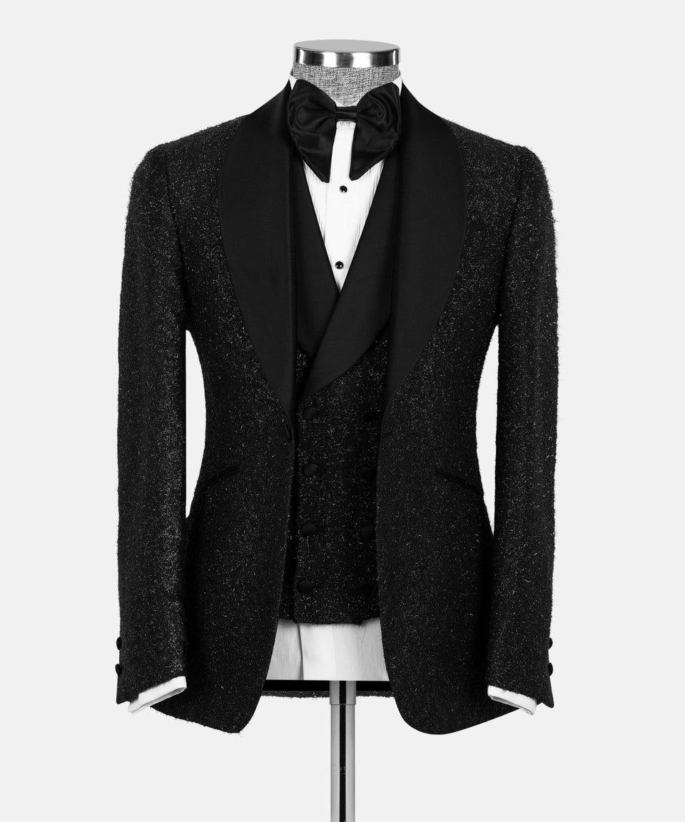 Black Textured Shawl Lapel Three-Piece Tuxedo | Charly Luxury
