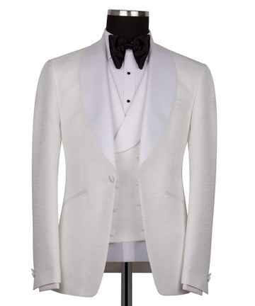 White Jacquard Peak Lapel Three-Piece Tuxedo | Charly Luxury
