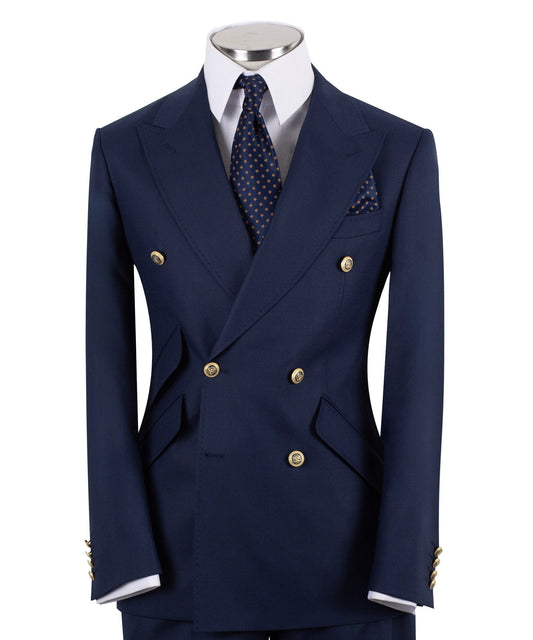Navy Blue Wool Blend Double Breasted Suit | Charly Luxury