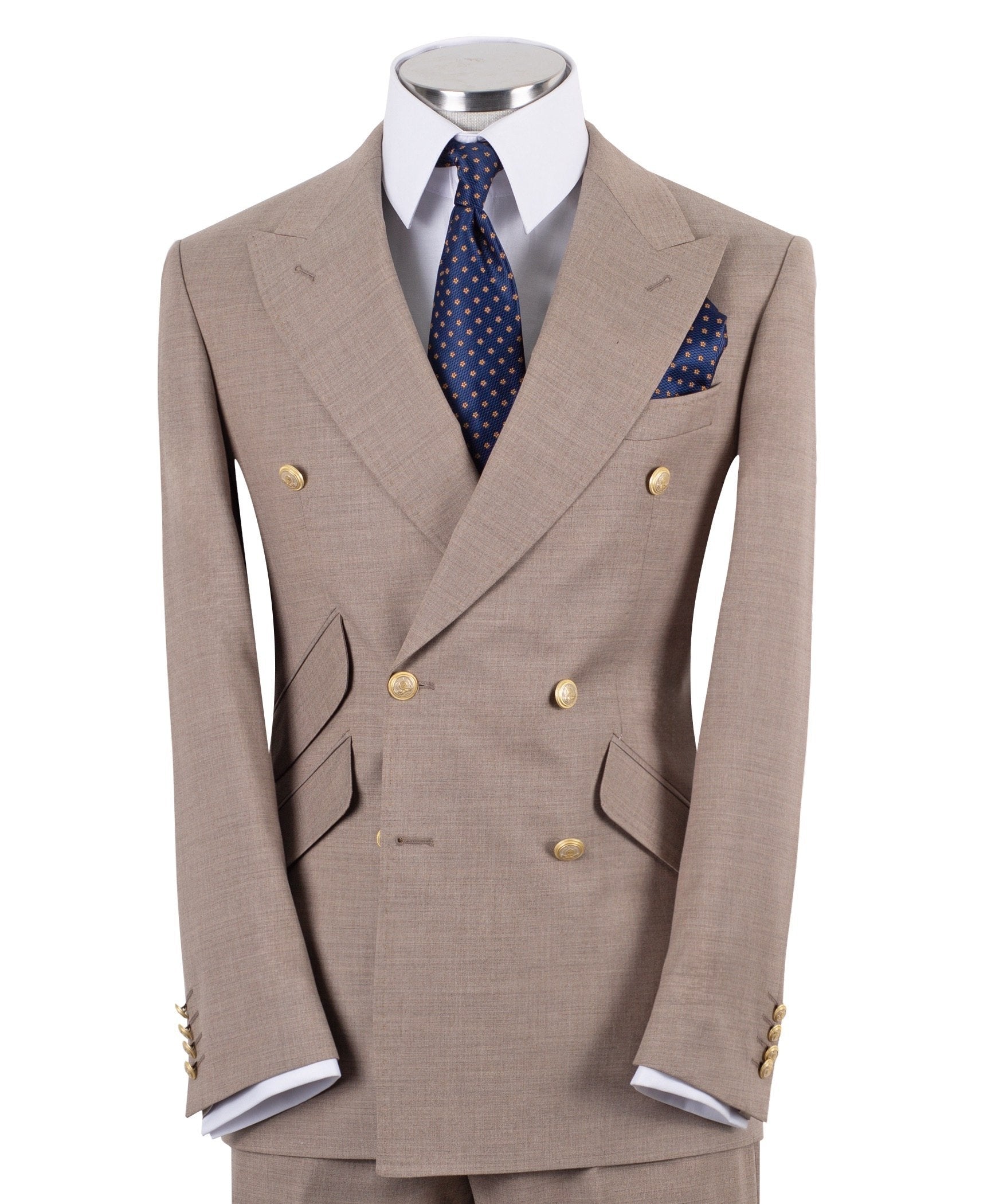 Beige Wool Blend Double Breasted Classic Suit | Charly Luxury