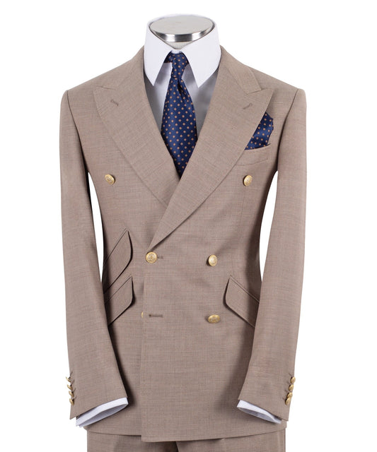 Beige Wool Blend Double Breasted Classic Suit | Charly Luxury