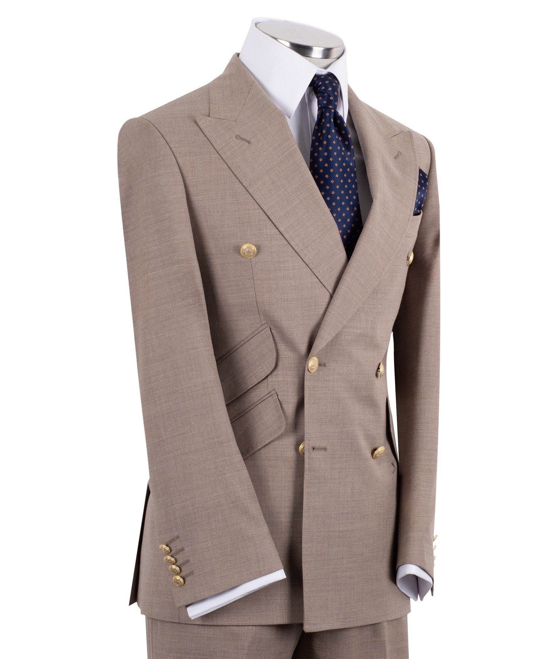Beige Wool Blend Double Breasted Classic Suit | Charly Luxury