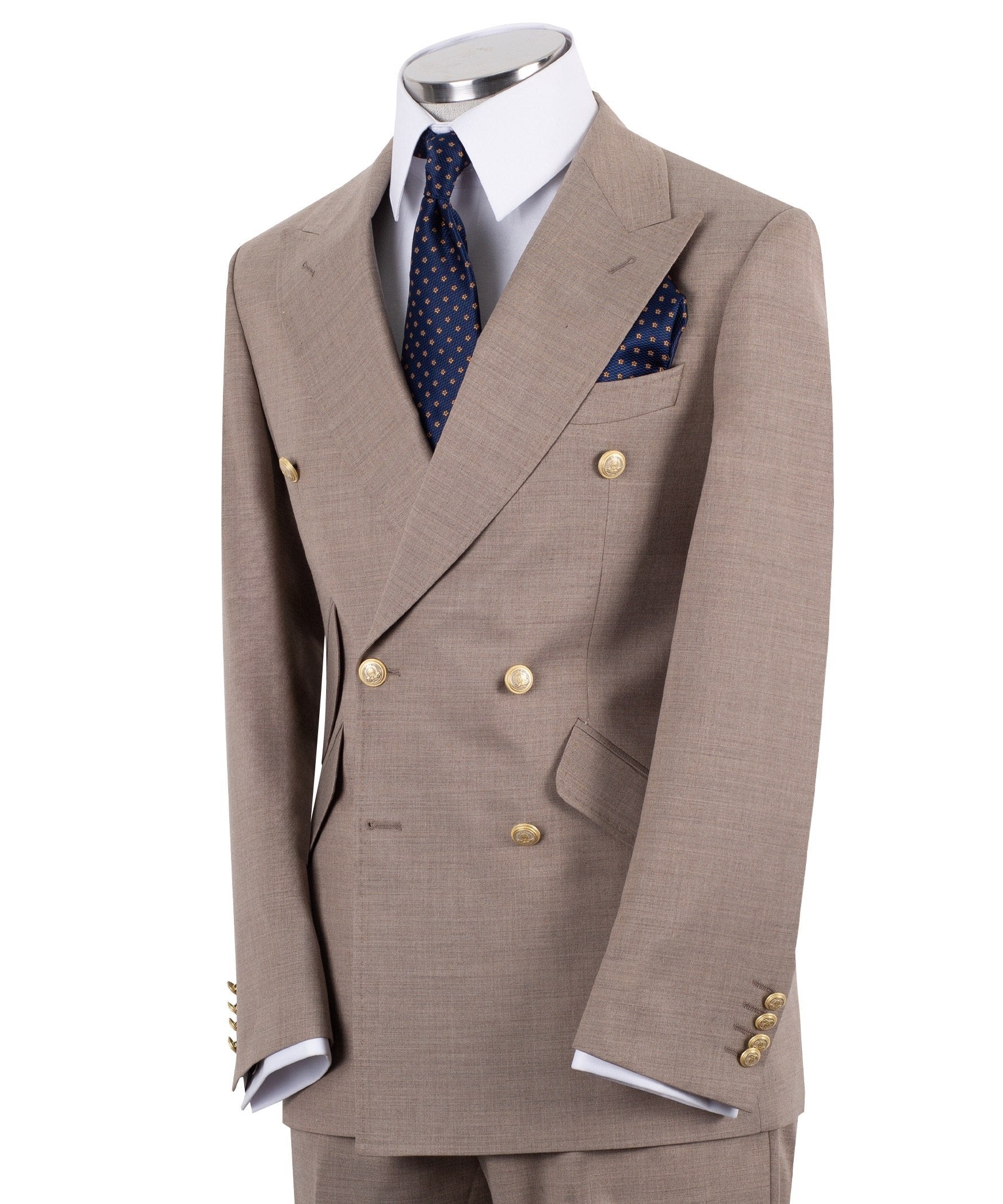 Beige Wool Blend Double Breasted Classic Suit | Charly Luxury