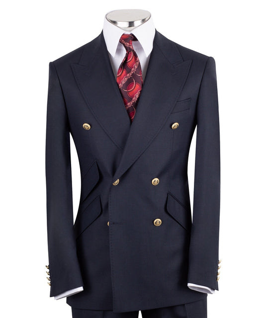 Navy Blue 100% Premium Wool Double Breasted Suit | Charly Luxury