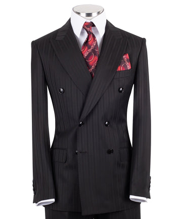 Black Premium Wool Double Breasted Striped Suit | Charly Luxury
