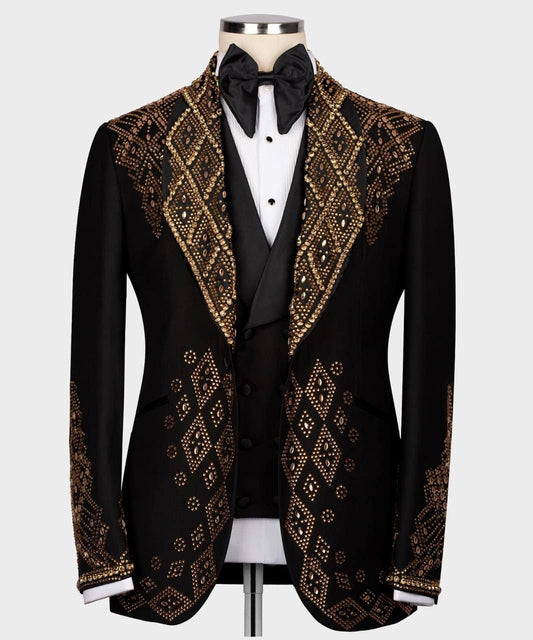 Black Gold Embellished Shawl Lapel Tuxedo | Charly Luxury