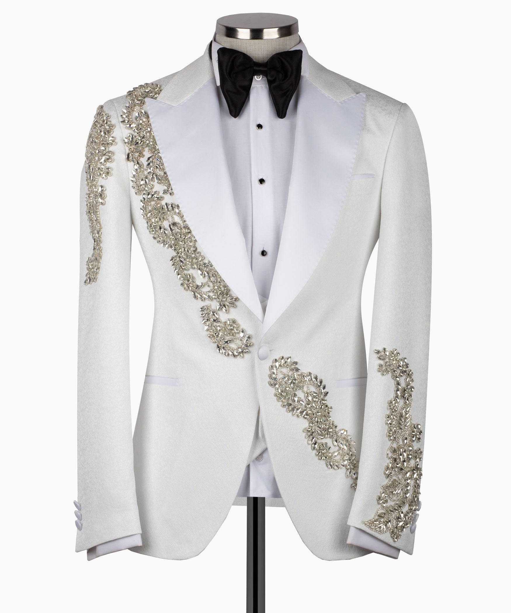 White Crystal Embellished Peak Lapel Tuxedo with Black Trousers | Charly Luxury