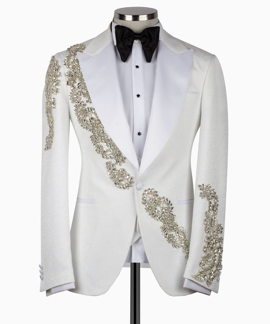White Crystal Embellished Peak Lapel Tuxedo with Black Trousers | Charly Luxury