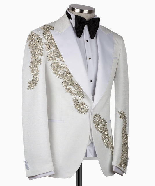 White Crystal Embellished Peak Lapel Tuxedo with Black Trousers | Charly Luxury
