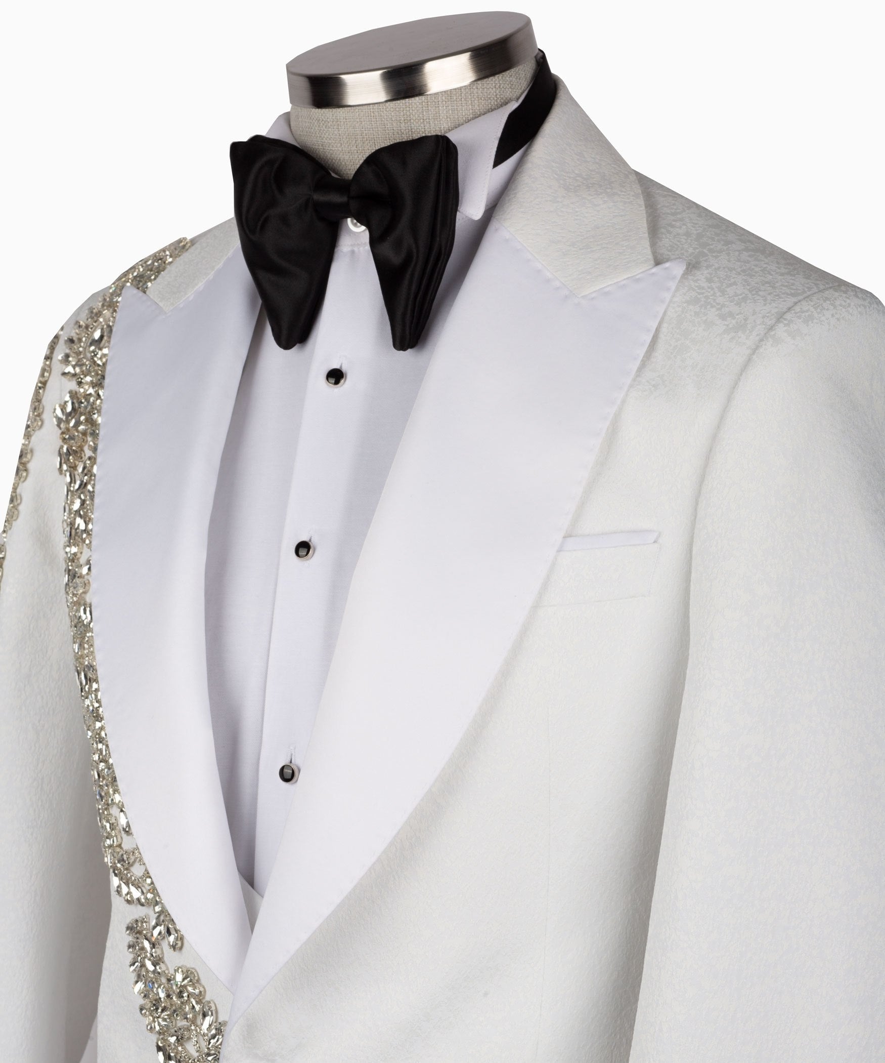 White Crystal Embellished Peak Lapel Tuxedo with Black Trousers | Charly Luxury