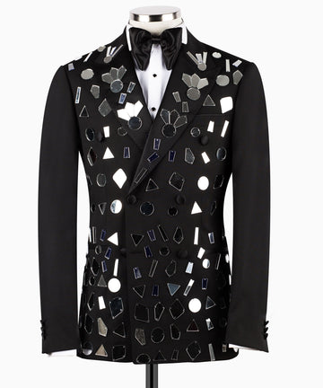 Black Mirrored Embellished Double Breasted Tuxedo | Charly Luxury