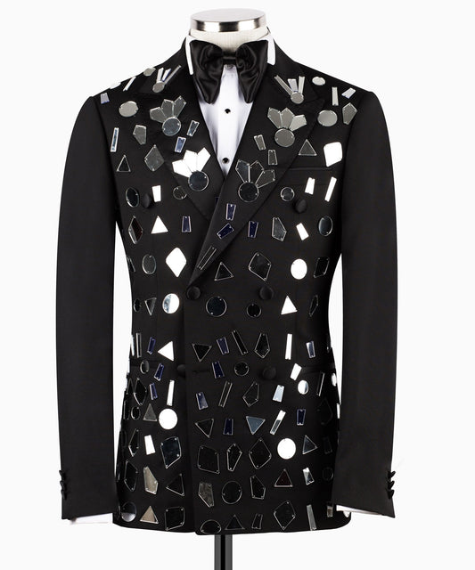 Black Mirrored Embellished Double Breasted Tuxedo | Charly Luxury