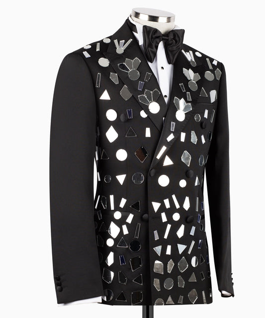 Black Mirrored Embellished Double Breasted Tuxedo | Charly Luxury