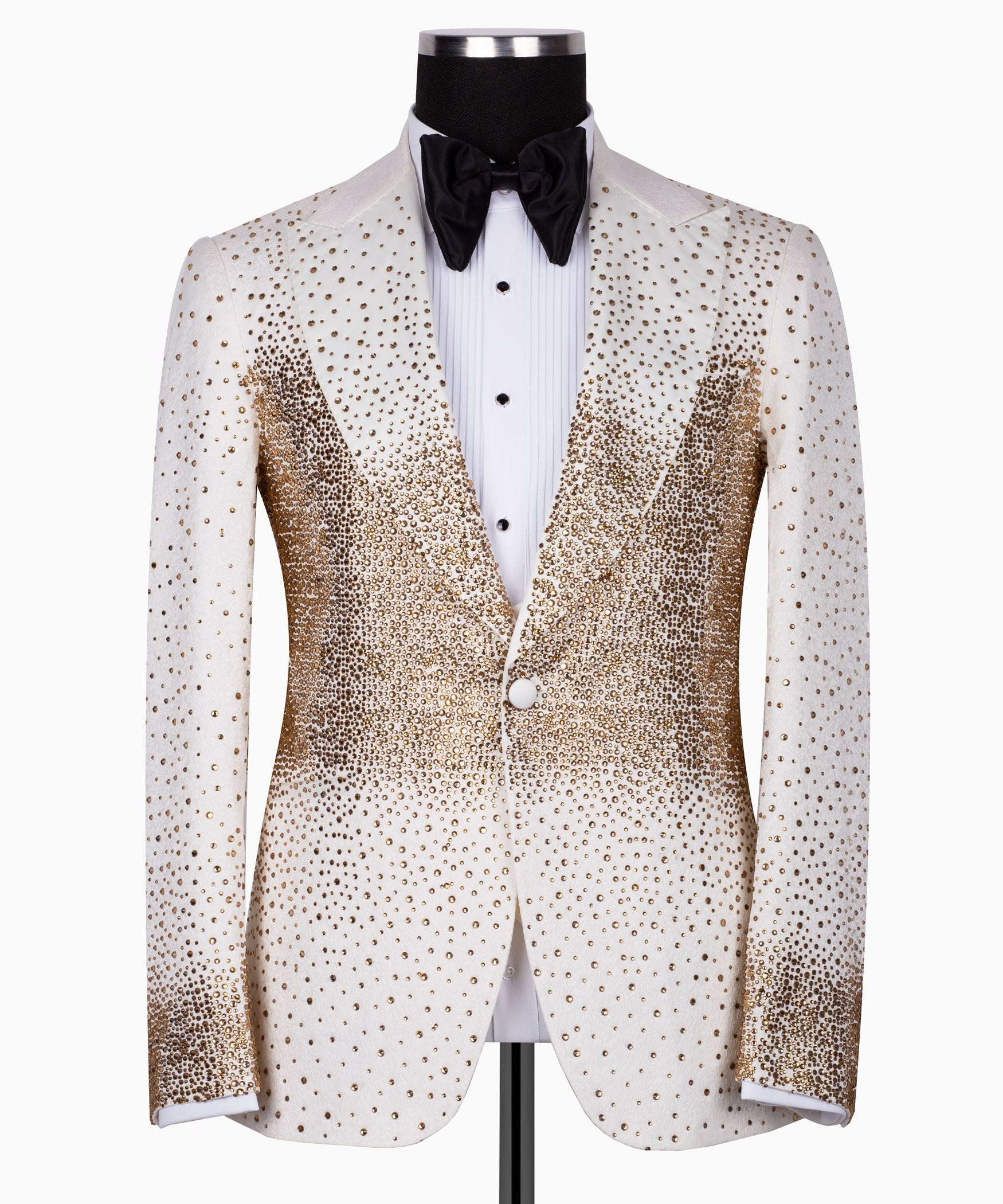White & Gold Embellished Peak Lapel Tuxedo | Charly Luxury