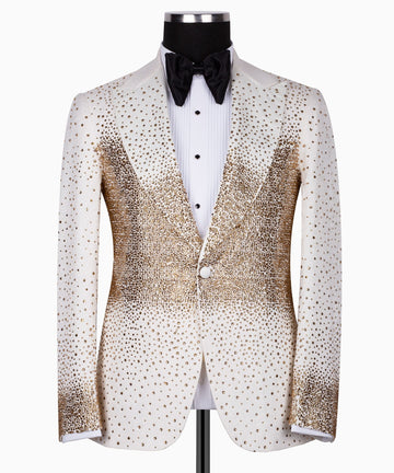 White & Gold Embellished Peak Lapel Tuxedo | Charly Luxury