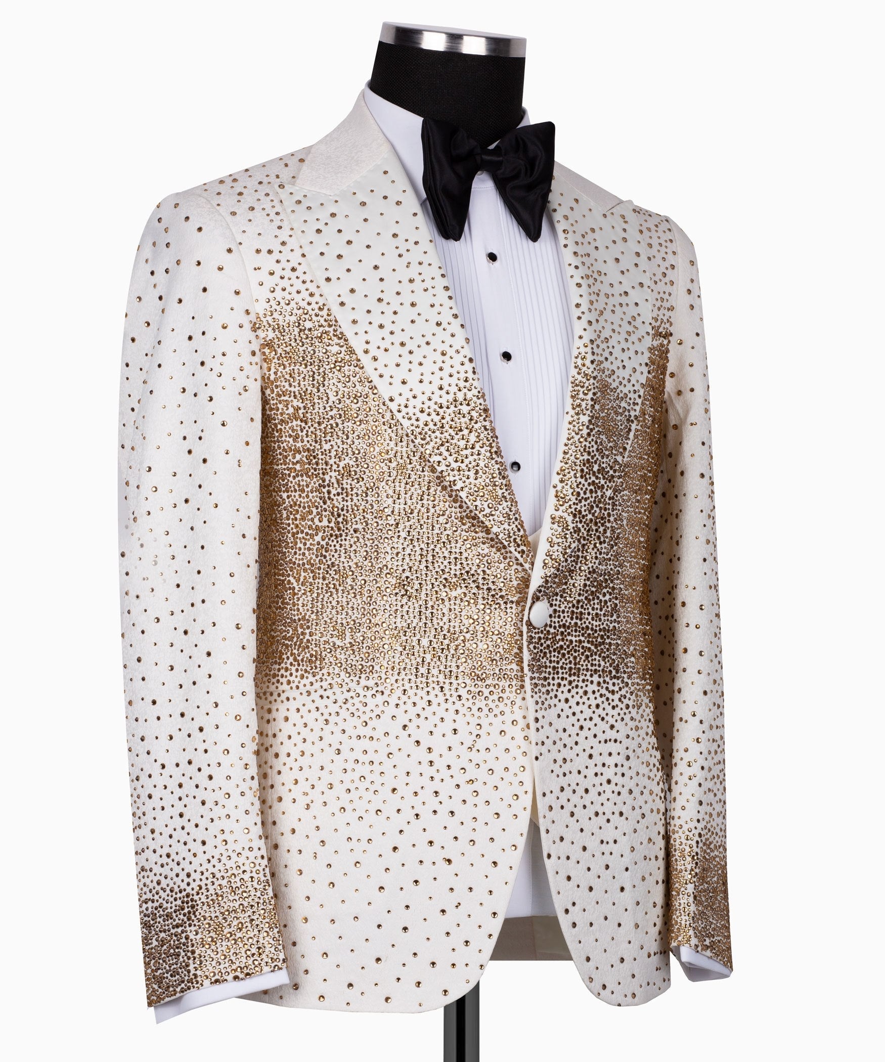 White & Gold Embellished Peak Lapel Tuxedo | Charly Luxury