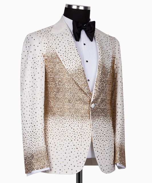 White & Gold Embellished Peak Lapel Tuxedo | Charly Luxury