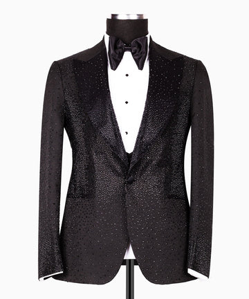 Black Hand-Embellished Peak Lapel Tuxedo | Charly Luxury