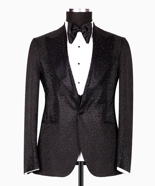 Black Hand-Embellished Peak Lapel Tuxedo | Charly Luxury